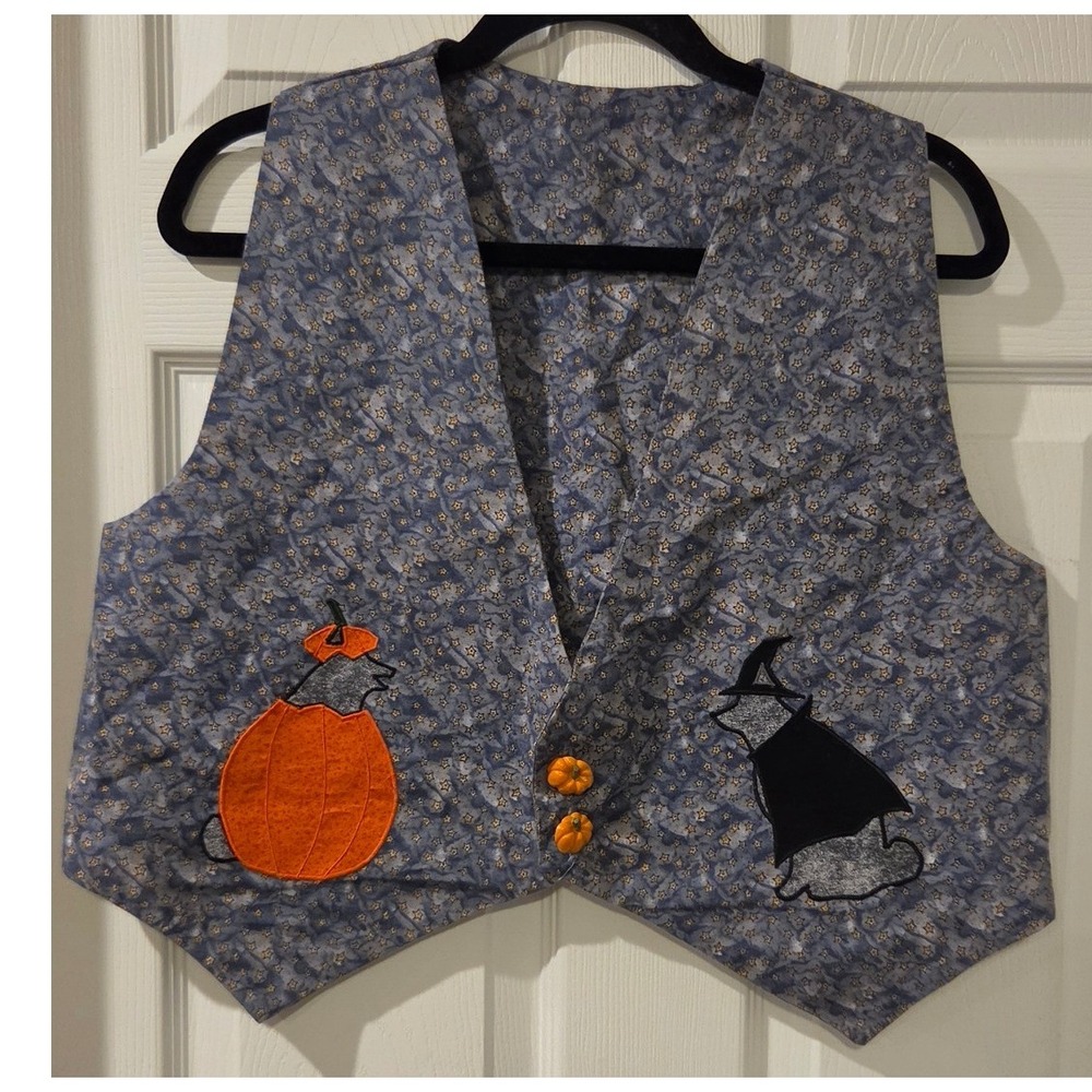 Handmade Halloween Cat Vest M L Pumpkin Witch Ghost Applique Cottagecore